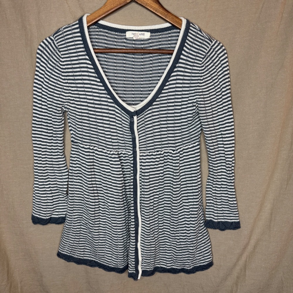 Y2K Navy White Striped Babydoll Cardigan Sweater V-Neck 3/4 Sleeve M